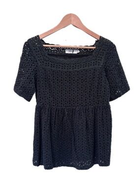Black Eyelet Cotton Lace Top Scalloped Square Neckline Empire Waist Short Sleeve